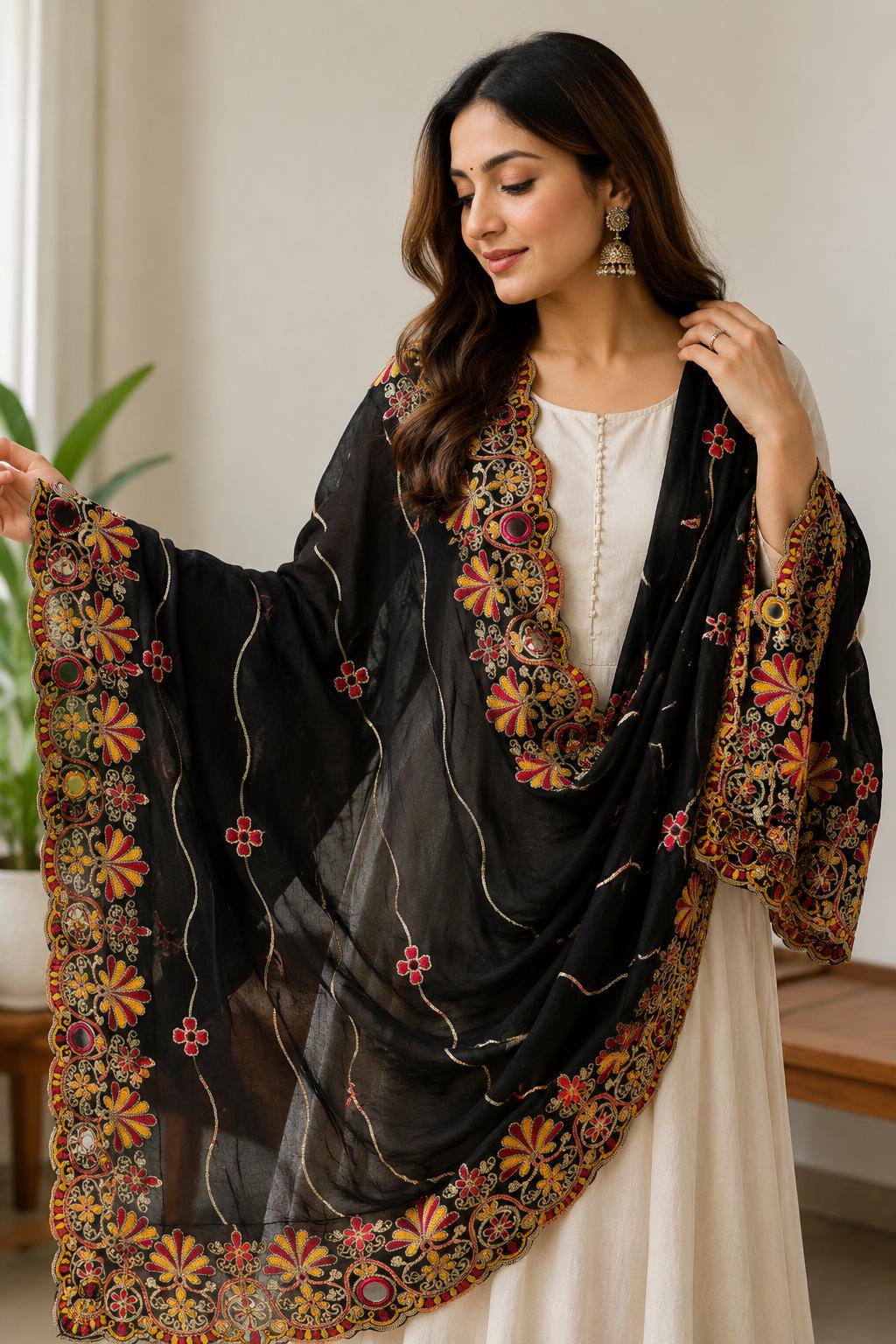 Rayon Cotton Embroidered Mirror Work Dupatta | Thread Work Ethnic Dupatta | Indian Traditional Dupatta for Women | Festive, Garba & Navratri