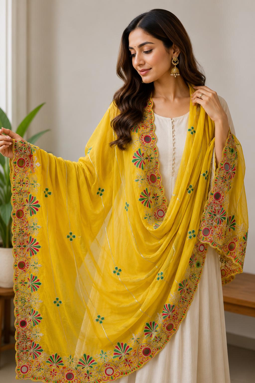 Rayon Cotton Embroidered Mirror Work Dupatta | Thread Work Ethnic Dupatta | Indian Traditional Dupatta for Women | Festive, Garba & Navratri