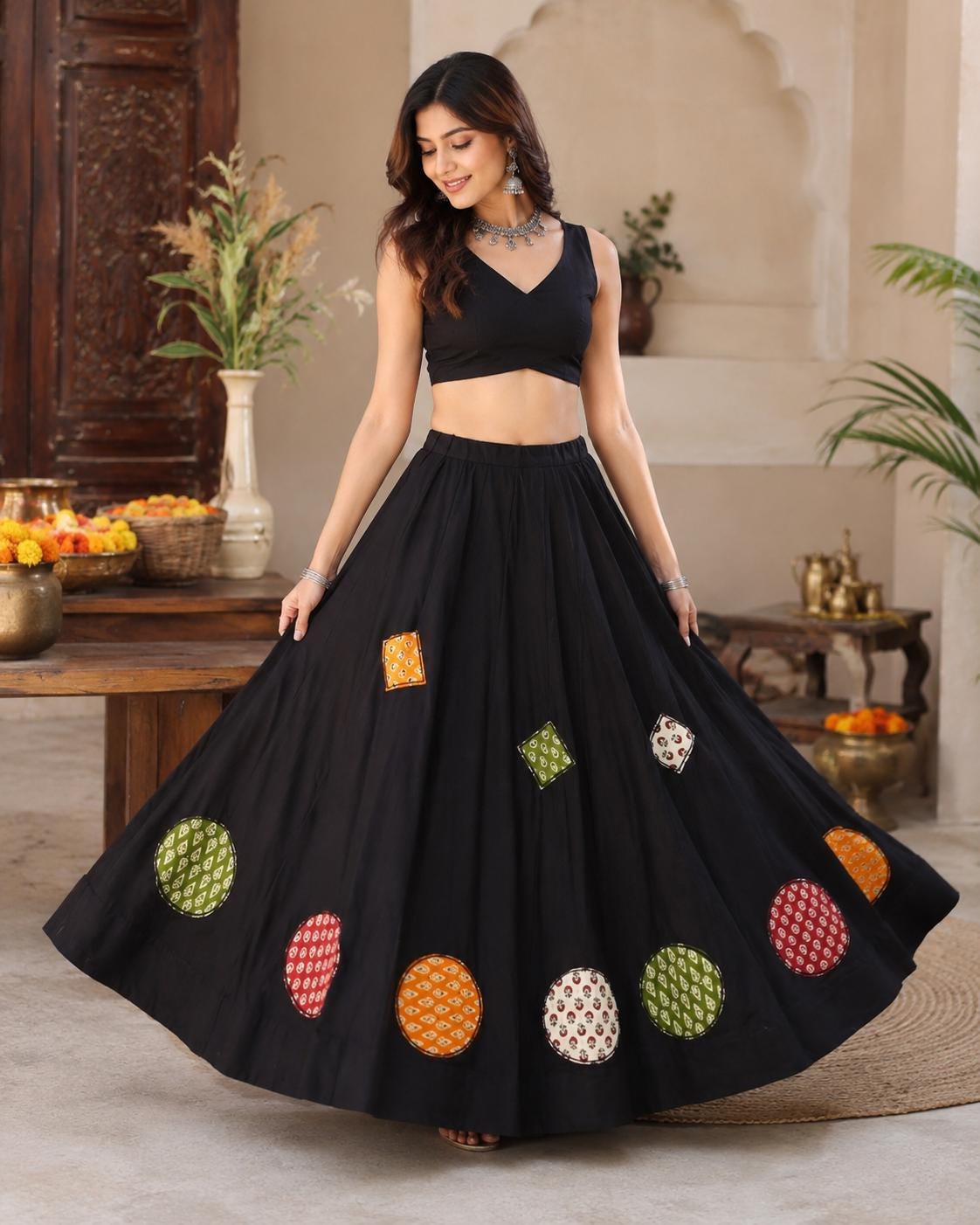 Indian Cotton Patchwork Skirt | Navratri Garba Lehenga Skirt | Boho Maxi Ethnic Skirt | Festival Wear