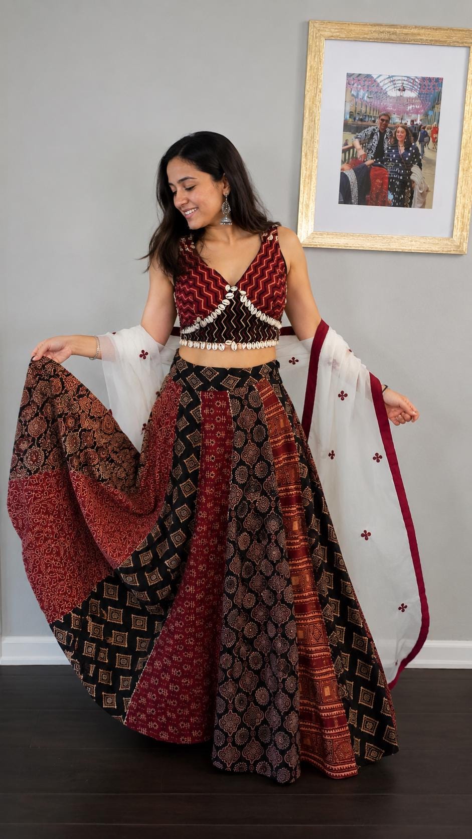 Garba Khadi Ajarak Print Lehenga | White Multicolored Ethnic Skirt | Navratri Ghagra Choli | Handmade Indian Festival Outfit