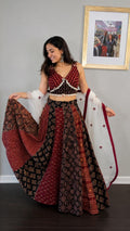 Garba Khadi Ajarak Print Lehenga | White Multicolored Ethnic Skirt | Navratri Ghagra Choli | Handmade Indian Festival Outfit