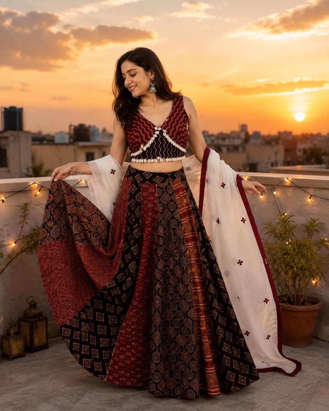 Garba Khadi Ajarak Print Lehenga | White Multicolored Ethnic Skirt | Navratri Ghagra Choli | Handmade Indian Festival Outfit