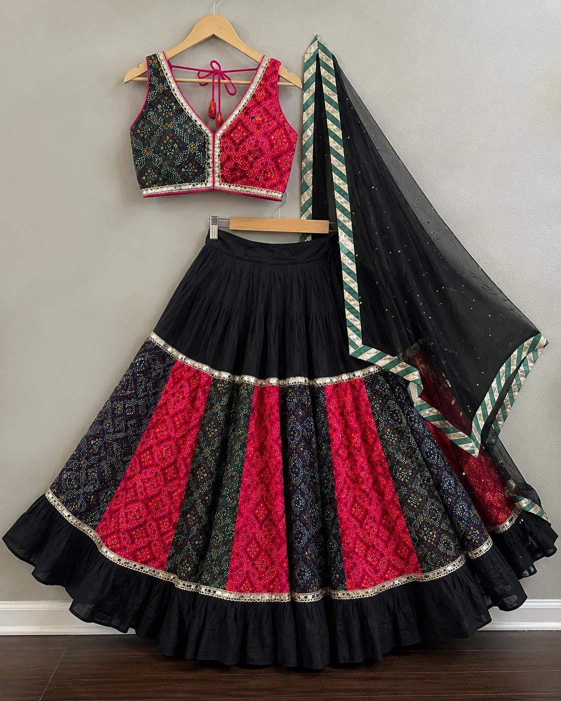 Black Patchwork Navratri Lehenga Choli Set with Dupatta | Handmade Garba Skirt | Indian Ethnic Outfit | Dandiya Dress