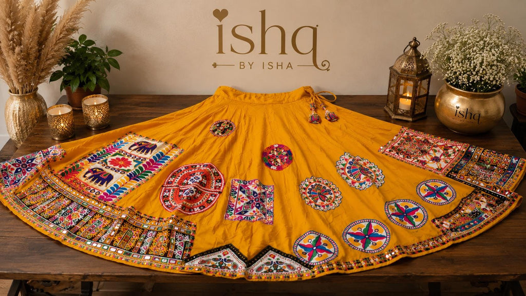 Yellow Skirt with patchWork 10 m flair | Festive & Party Wear | Ishq by Isha