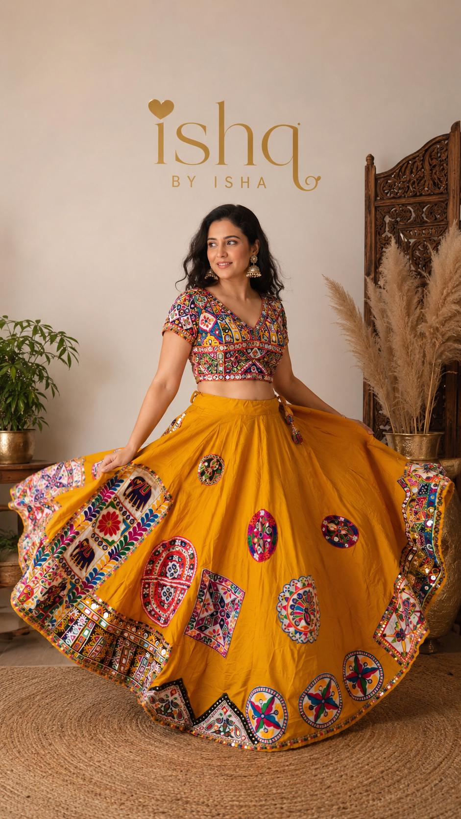 Yellow Skirt with patchWork 10 m flair | Festive & Party Wear | Ishq by Isha