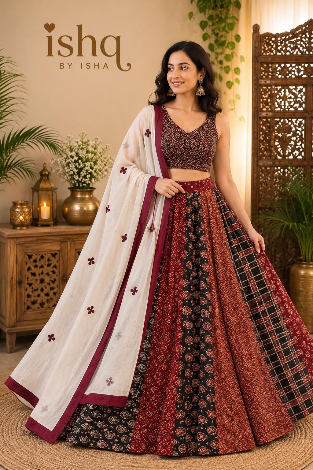 Garba Khadi Ajarak Print Lehenga |Multicolored Ethnic Skirt | Navratri Ghagra Choli | Handmade Indian Festival Outfit