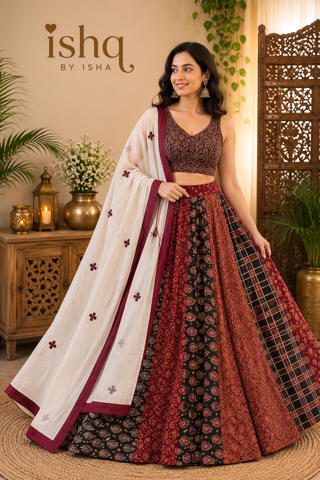 Garba Khadi Ajarak Print Lehenga |Multicolored Ethnic Skirt | Navratri Ghagra Choli | Handmade Indian Festival Outfit