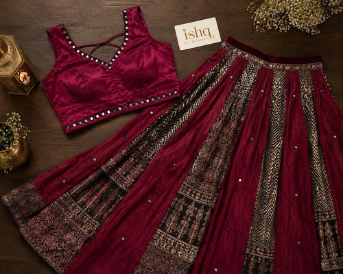 Maroon Gajji Silk Patchwork Lehenga Set | Mirror Work Blouse | Indian Navratri Outfit | Garba Chaniya Choli | Festive Ethnic Wear