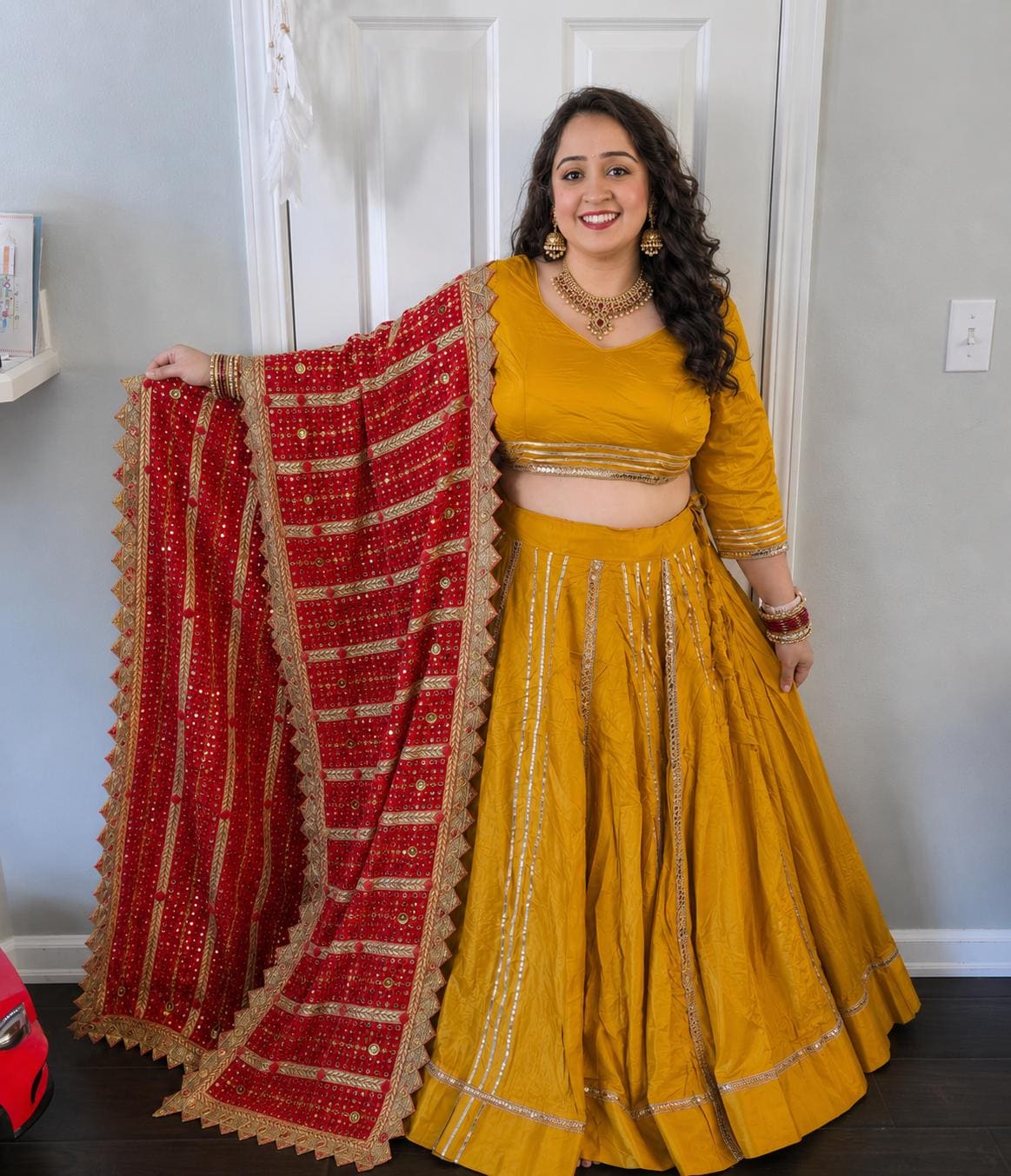 Mustard Yellow Gota Work Lehenga Set with Red fulkari Dupatta | Navratri Garba Outfit | Indian Wedding Lehenga | Ethnic Festive Wea