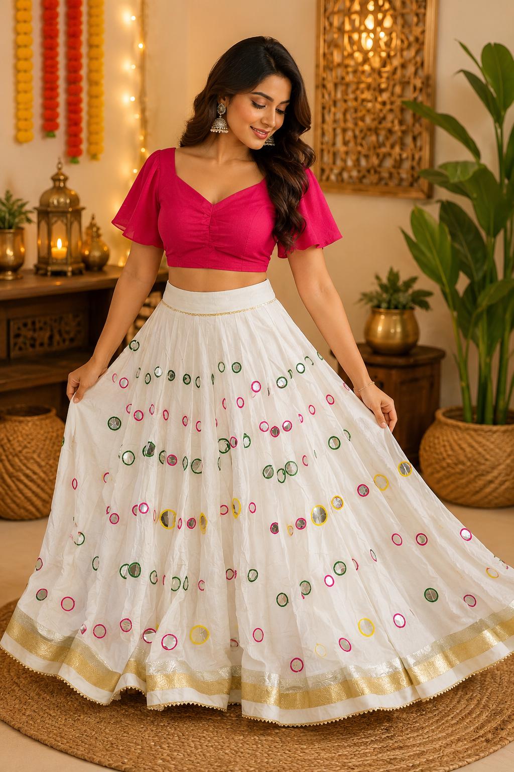 White Skirt with Artificial Mirror Work 10 m flair | Festive & Party Wear | Ishq by Isha