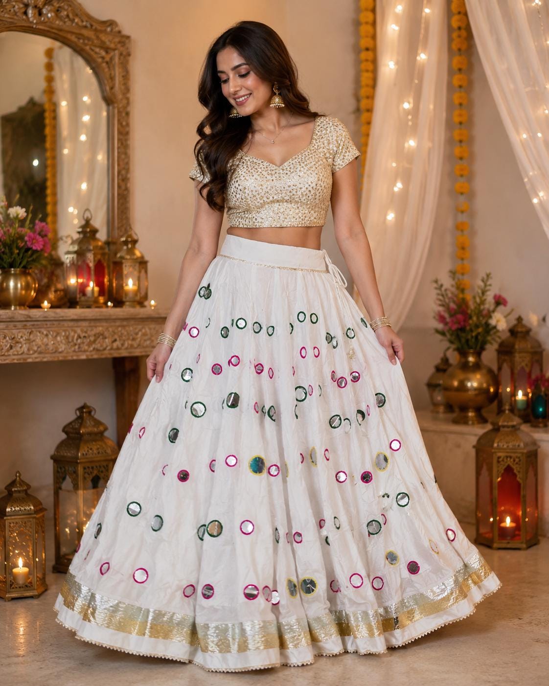 White Skirt with Artificial Mirror Work 10 m flair | Festive & Party Wear | Ishq by Isha