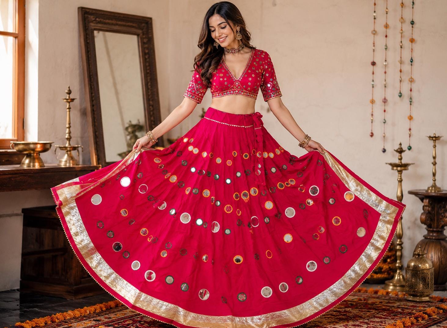 Pink Skirt with Artificial Mirror Work 10 m flair | Festive & Party Wear | Ishq by Isha