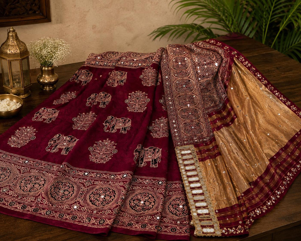 Red Handblock Ajrakh Mirror Work Saree | 500+ Real Mirror Saree | Elephant Print Indian Ethnic Saree | Festive Navratri
