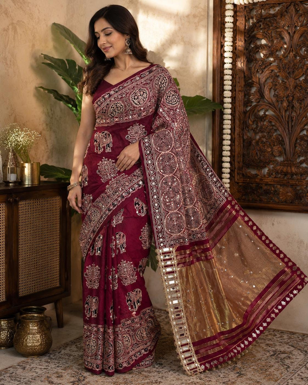 Red Handblock Ajrakh Mirror Work Saree | 500+ Real Mirror Saree | Elephant Print Indian Ethnic Saree | Festive Navratri