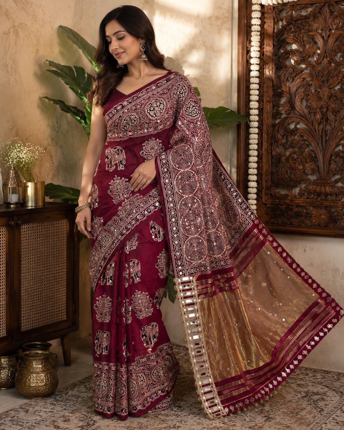 Red Handblock Ajrakh Mirror Work Saree | 500+ Real Mirror Saree | Elephant Print Indian Ethnic Saree | Festive Navratri