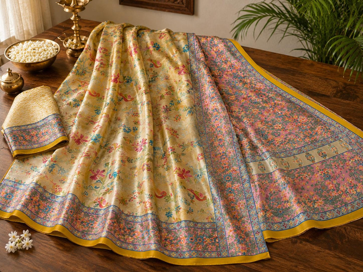 Golden Crepe Silk Woven Saree | Traditional Indian Saree | Ethnic Festive Saree | Designer Party Wear Saree | Wedding Saree with Unstitched