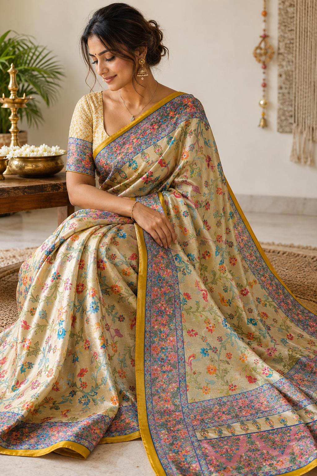 Golden Crepe Silk Woven Saree | Traditional Indian Saree | Ethnic Festive Saree | Designer Party Wear Saree | Wedding Saree with Unstitched