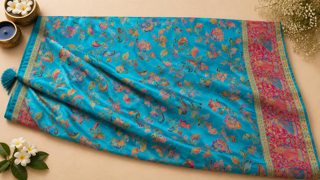 Turquoise Blue Crepe Saree | Designer Floral Printed Saree with Pink Pallu | Indian Saree | Festive Wear | Wedding Guest Saree