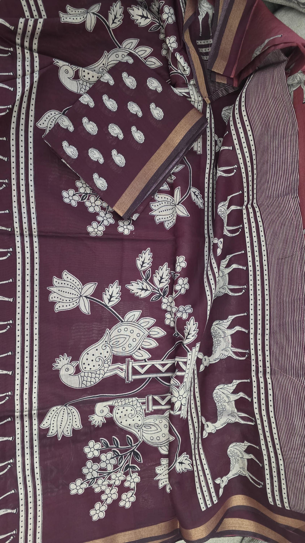 Maroon Hand Block Print Saree | soft silk Saree with Deer & Peacock Motifs | Traditional Indian Saree | Floral Saree | Artisan Saree