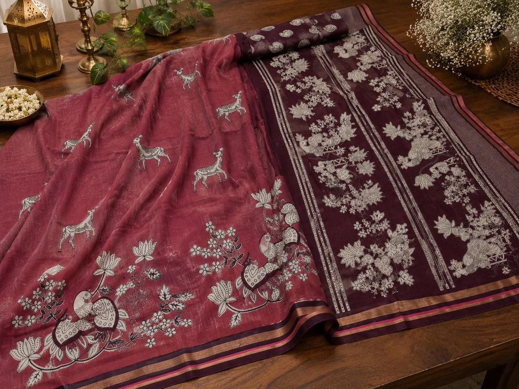 Maroon Hand Block Print Saree | soft silk Saree with Deer & Peacock Motifs | Traditional Indian Saree | Floral Saree | Artisan Saree