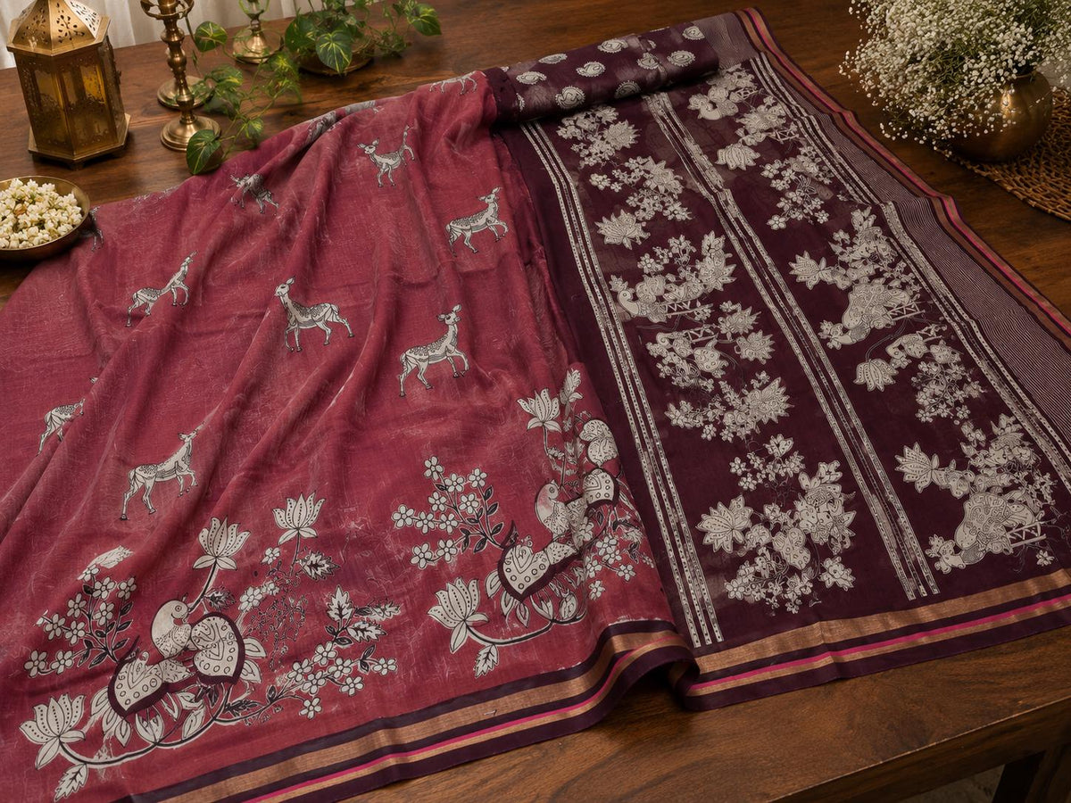 Maroon Hand Block Print Saree | soft silk Saree with Deer & Peacock Motifs | Traditional Indian Saree | Floral Saree | Artisan Saree