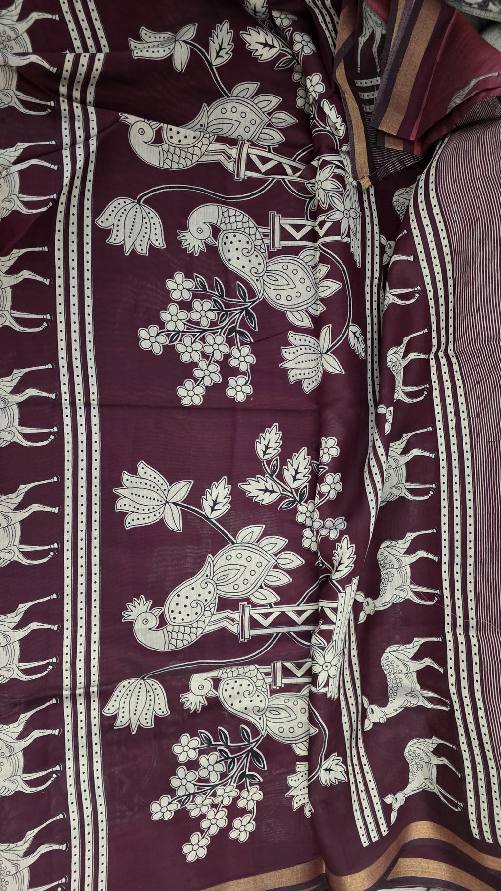 Maroon Hand Block Print Saree | soft silk Saree with Deer & Peacock Motifs | Traditional Indian Saree | Floral Saree | Artisan Saree