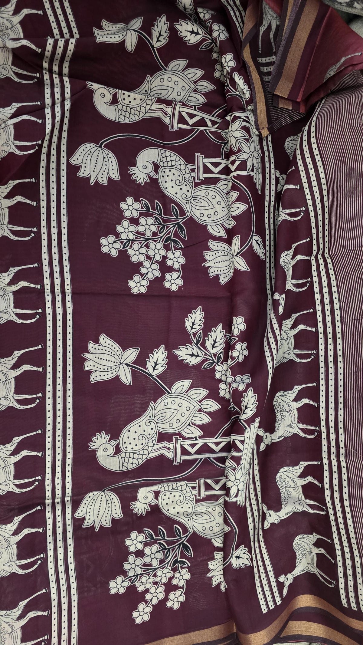Maroon Hand Block Print Saree | soft silk Saree with Deer & Peacock Motifs | Traditional Indian Saree | Floral Saree | Artisan Saree