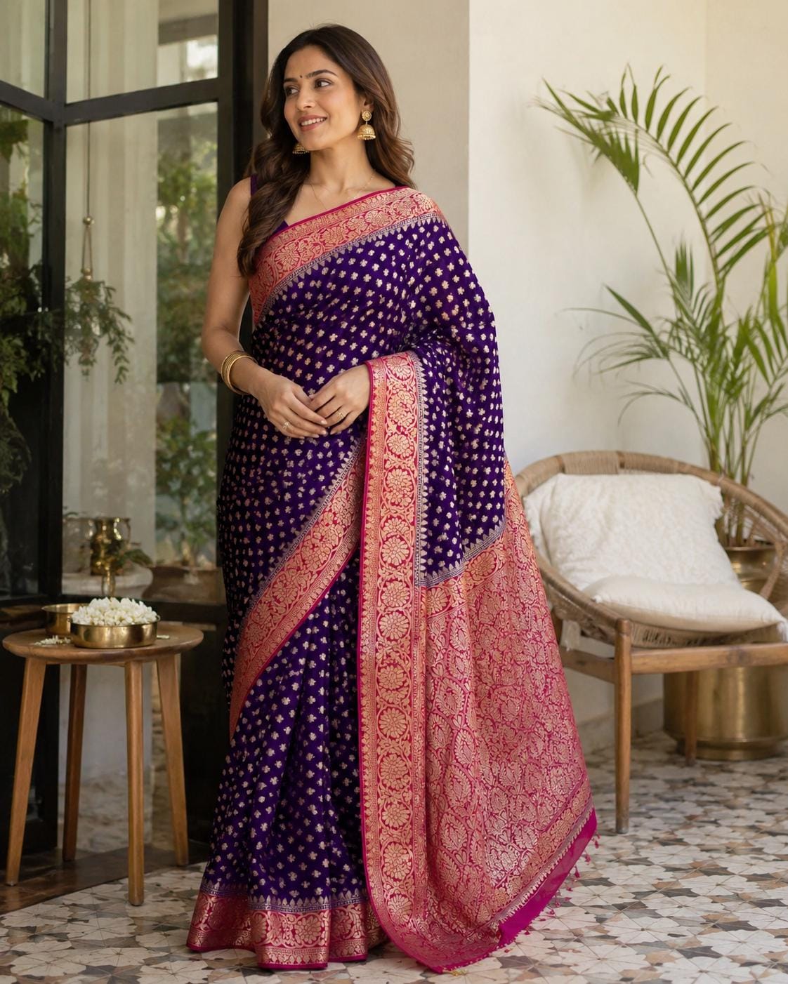 Handmade Khadi Georgette Saree - Purple pink