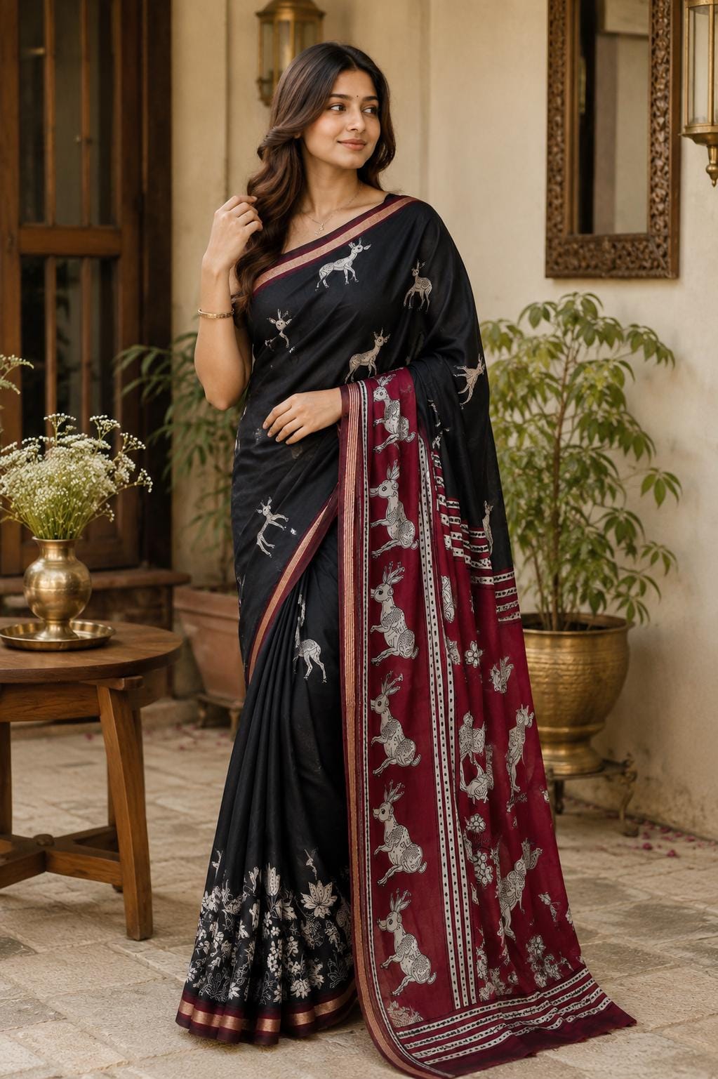 Red black Print Saree | soft silk Saree with Deer & Peacock Motifs | Traditional Indian Saree | Floral Saree | Artisan Saree