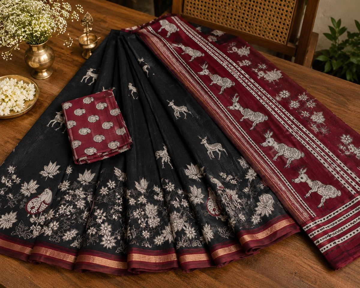 Red black Print Saree | soft silk Saree with Deer & Peacock Motifs | Traditional Indian Saree | Floral Saree | Artisan Saree