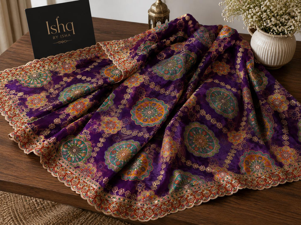 Purple Embroidered Georgette Dupatta | Handmade Ethnic Dupatta | Festive Indian Dupatta | Wedding & Party