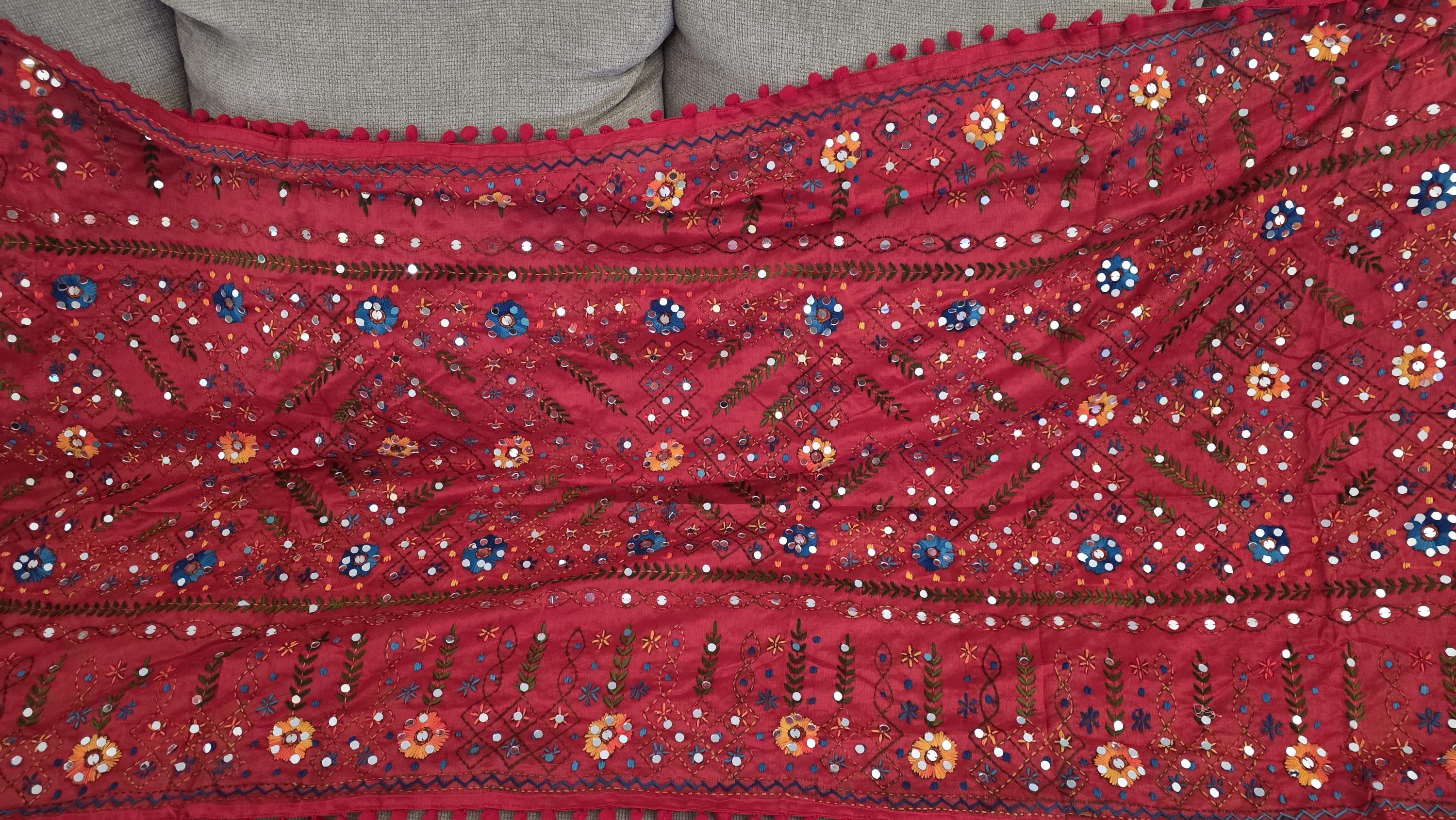 Red Kantha Work Dupatta with Mirror Work | Indian Ethnic Festive Scarf