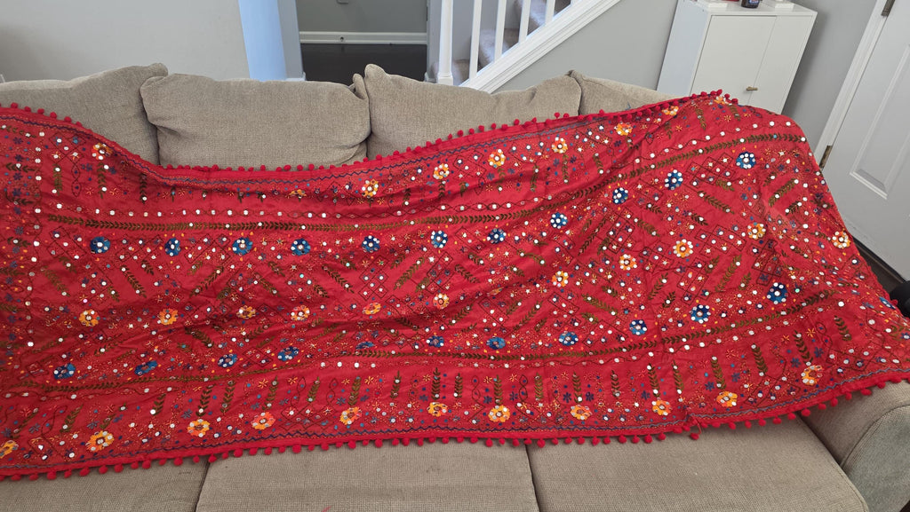 Red Kantha Work Dupatta with Mirror Work | Indian Ethnic Festive Scarf