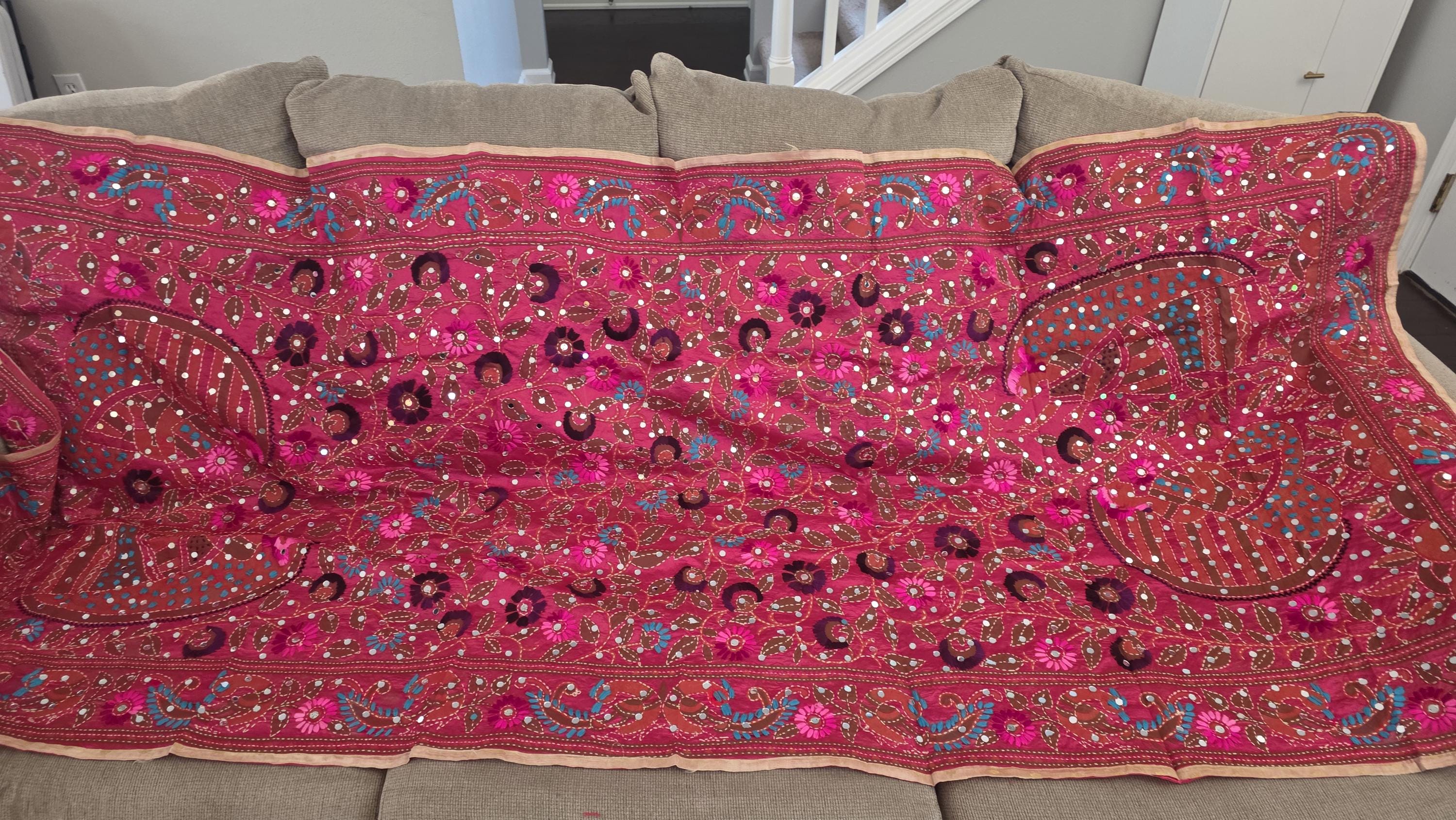 Pink Kantha Work Dupatta with Mirror Work | Indian Ethnic Festive Scarf