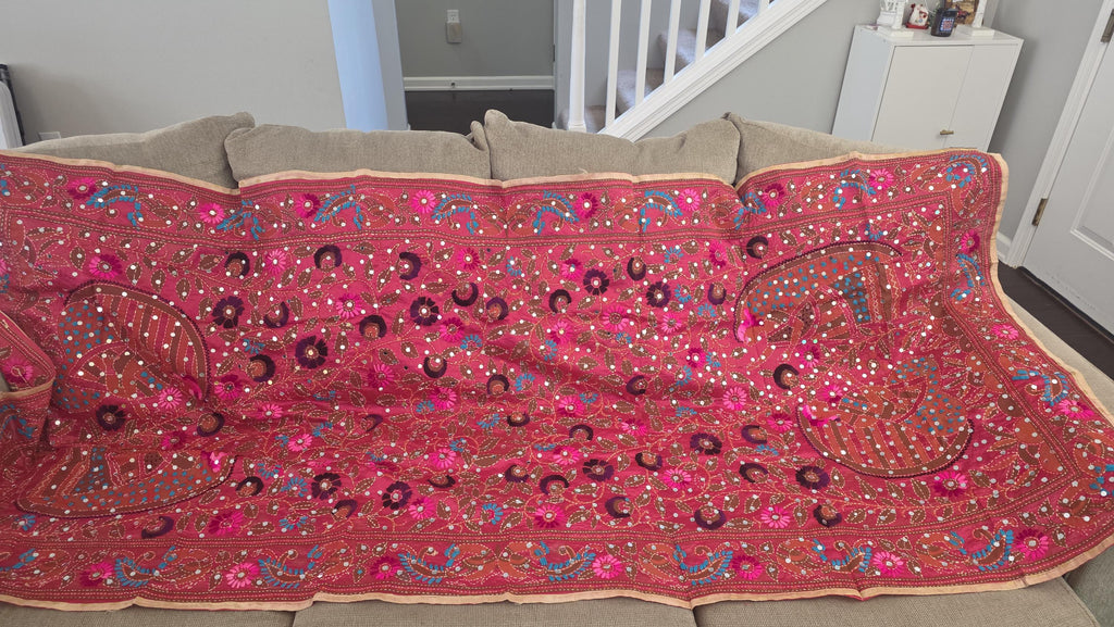 Pink Kantha Work Dupatta with Mirror Work | Indian Ethnic Festive Scarf