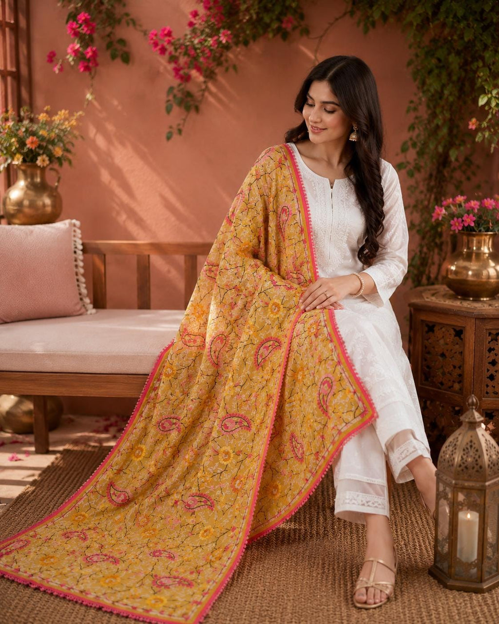 Yellow Kantha Work Dupatta | Indian Ethnic Festive Scarf