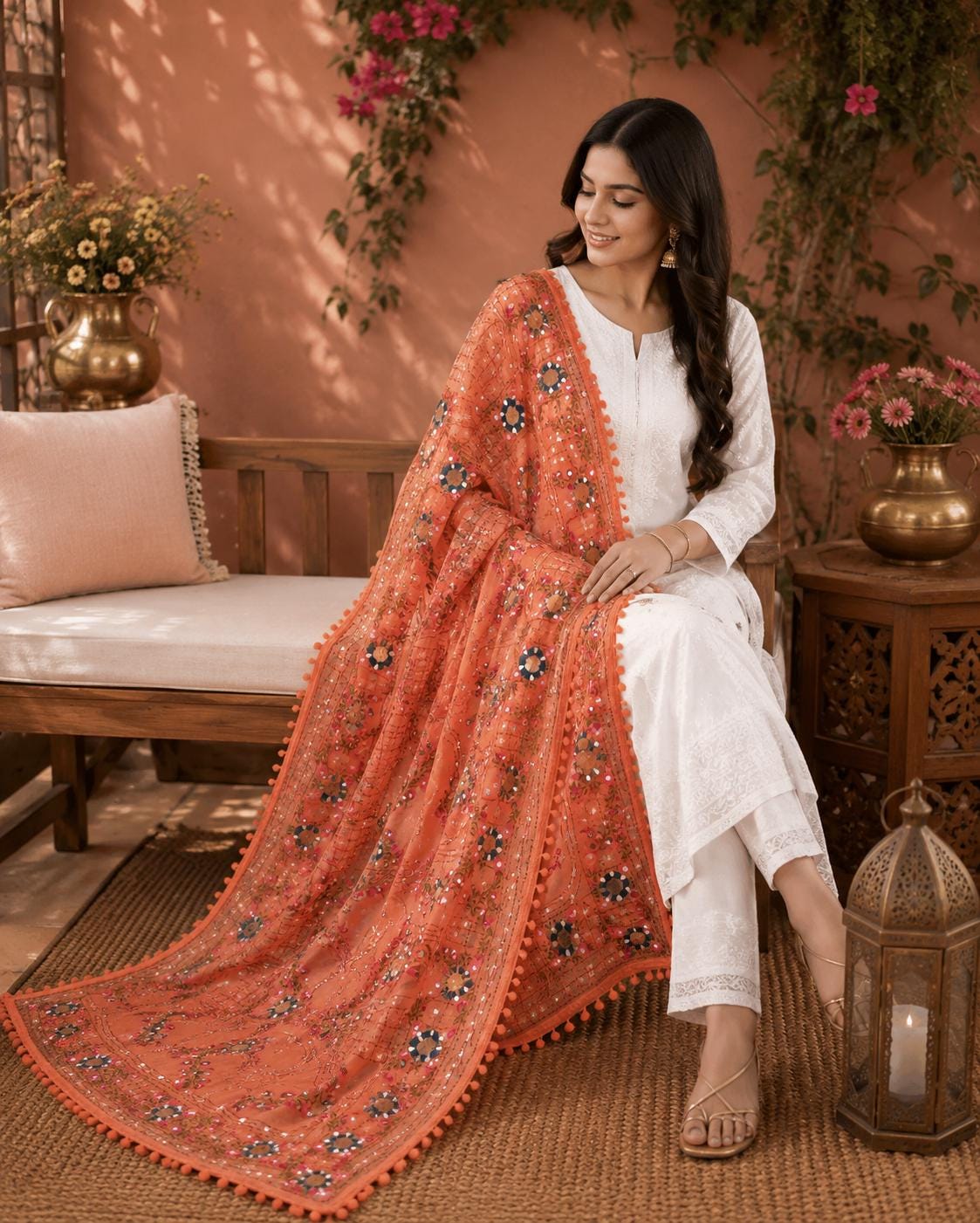 Orange Kantha Work Dupatta with Mirror Work | Indian Ethnic Festive Scarf