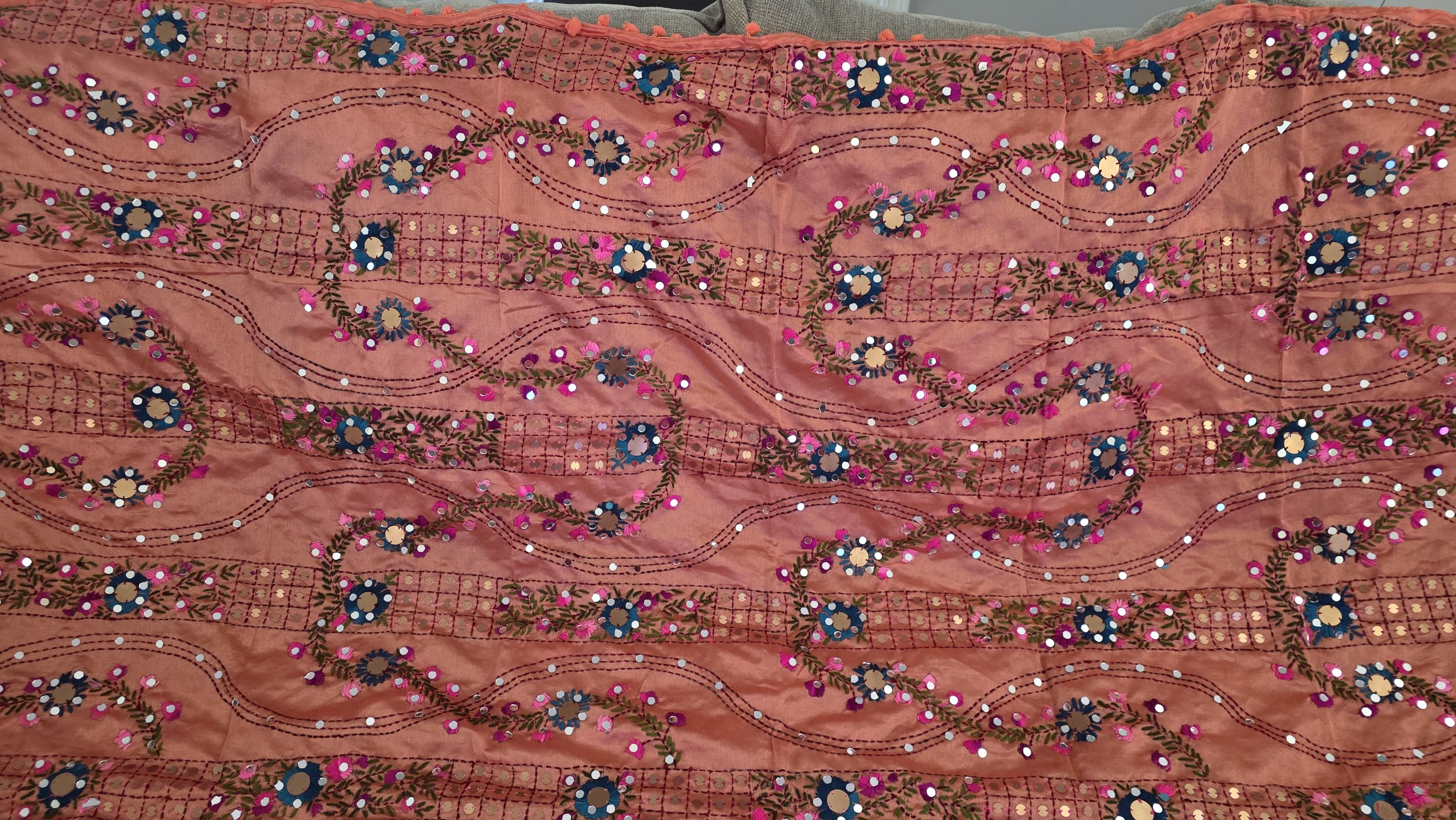 Orange Kantha Work Dupatta with Mirror Work | Indian Ethnic Festive Scarf