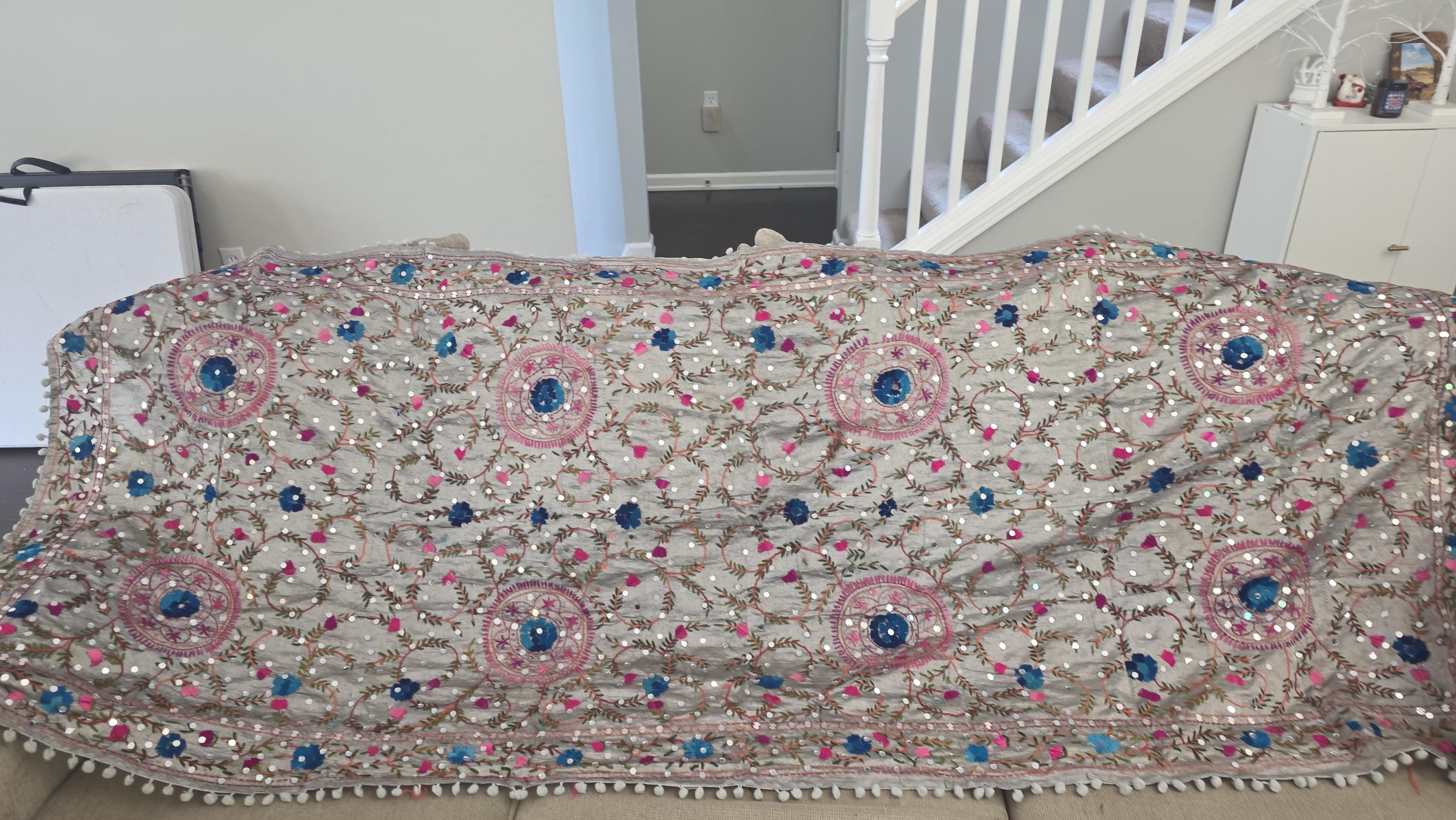 Grey Kantha Work Dupatta with Mirror Work | Indian Ethnic Festive Scarf