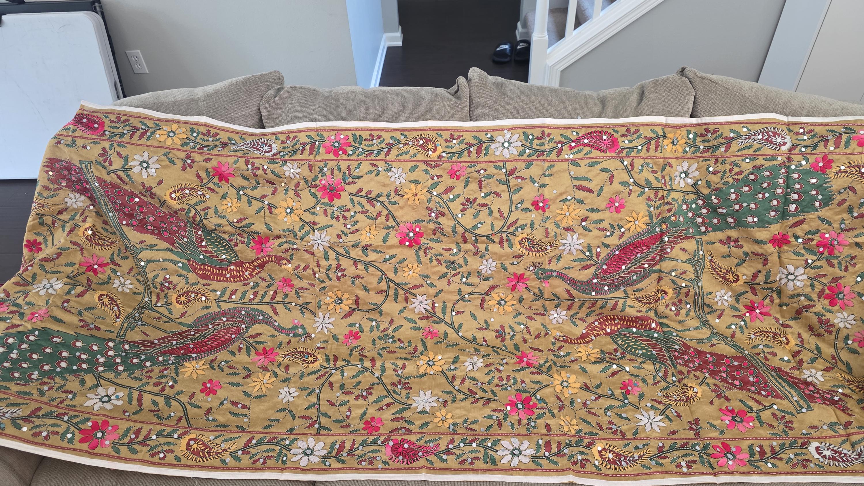 Mustard yellow Kantha Work Dupatta with Mirror Work | Indian Ethnic Festive Scarf