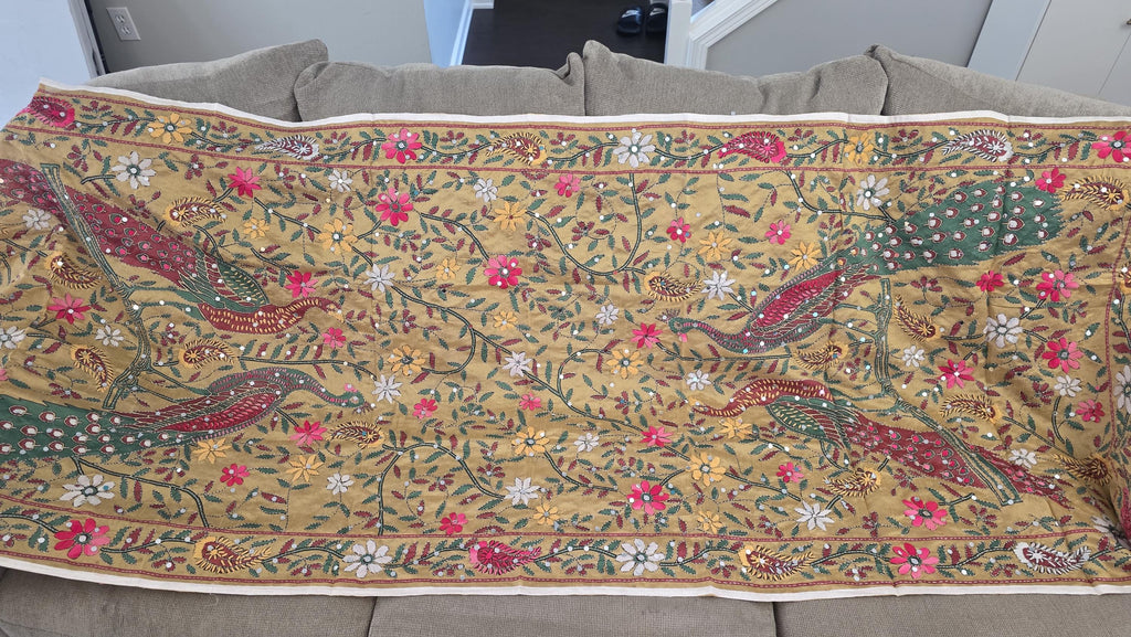 Mustard yellow Kantha Work Dupatta with Mirror Work | Indian Ethnic Festive Scarf