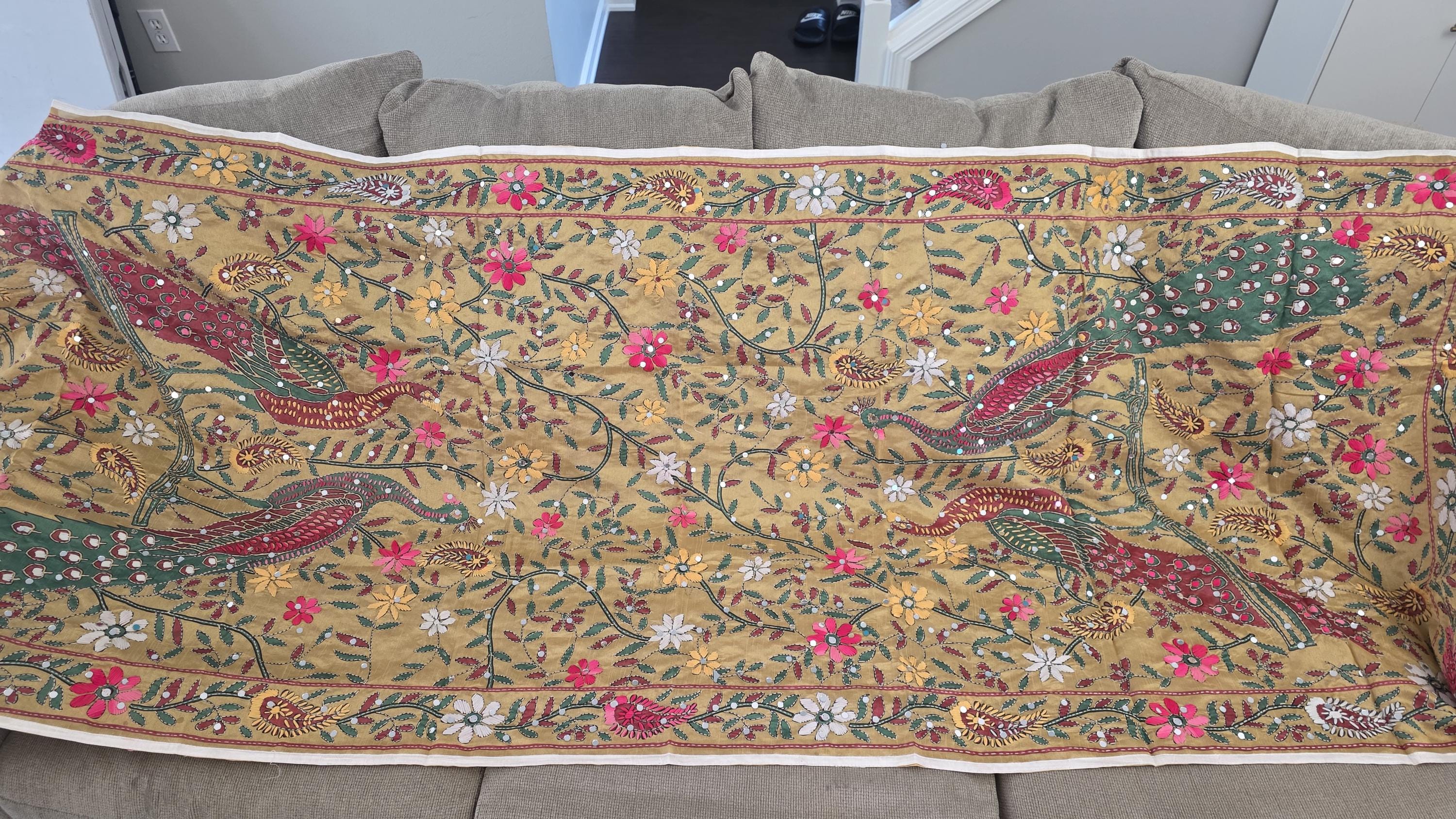 Mustard yellow Kantha Work Dupatta with Mirror Work | Indian Ethnic Festive Scarf
