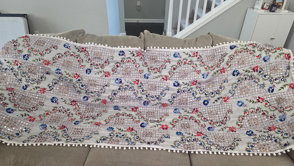 White Kantha Work Dupatta with Mirror Work | Indian Ethnic Festive Scarf