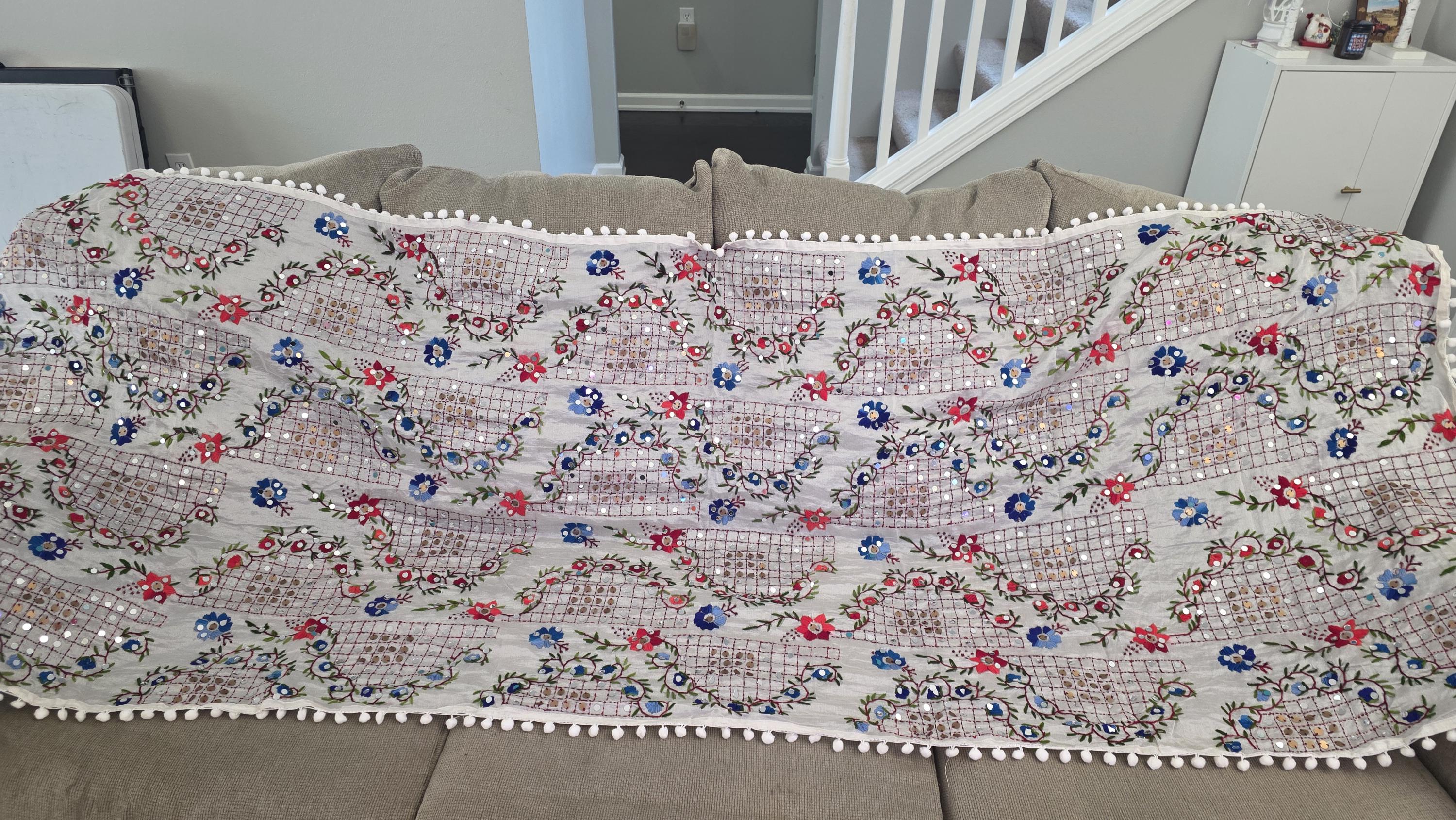 White Kantha Work Dupatta with Mirror Work | Indian Ethnic Festive Scarf