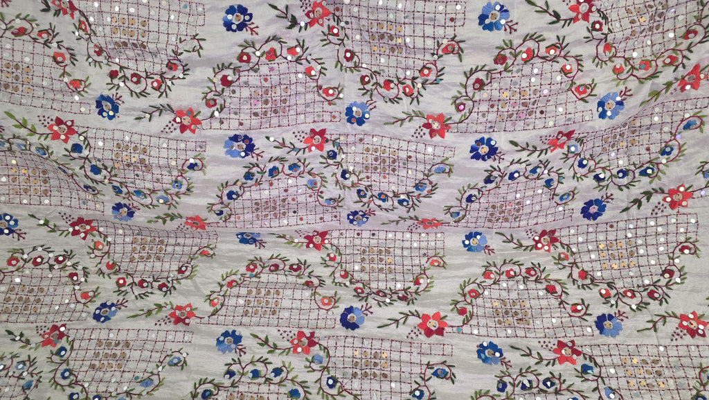White Kantha Work Dupatta with Mirror Work | Indian Ethnic Festive Scarf