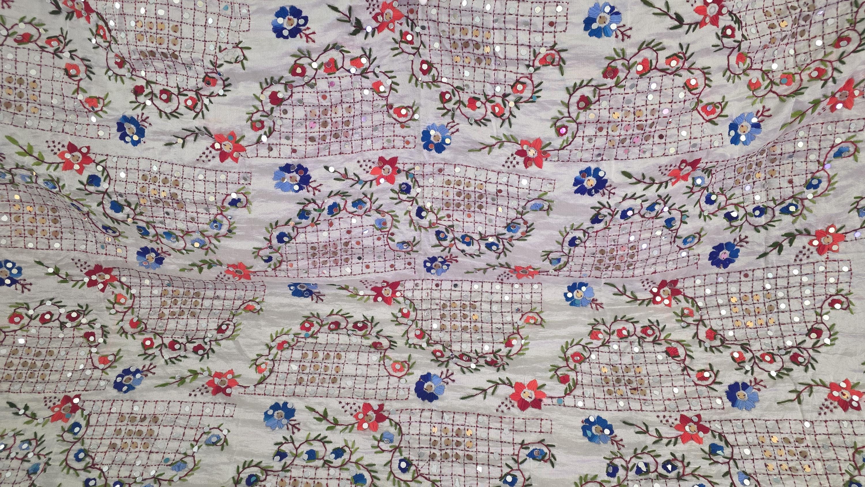 White Kantha Work Dupatta with Mirror Work | Indian Ethnic Festive Scarf