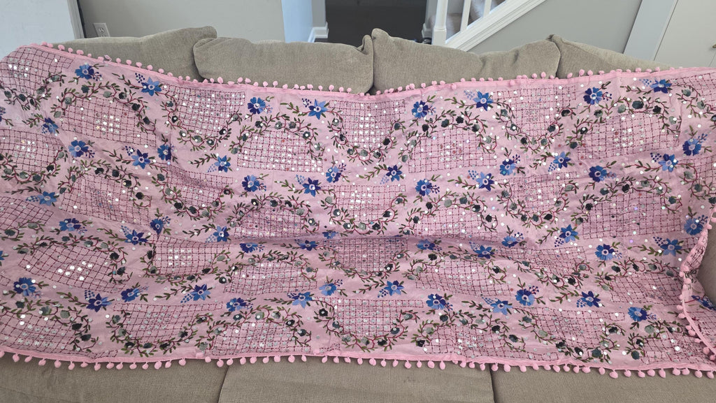 Pink Kantha Work Dupatta with Mirror Work | Indian Ethnic Festive Scarf