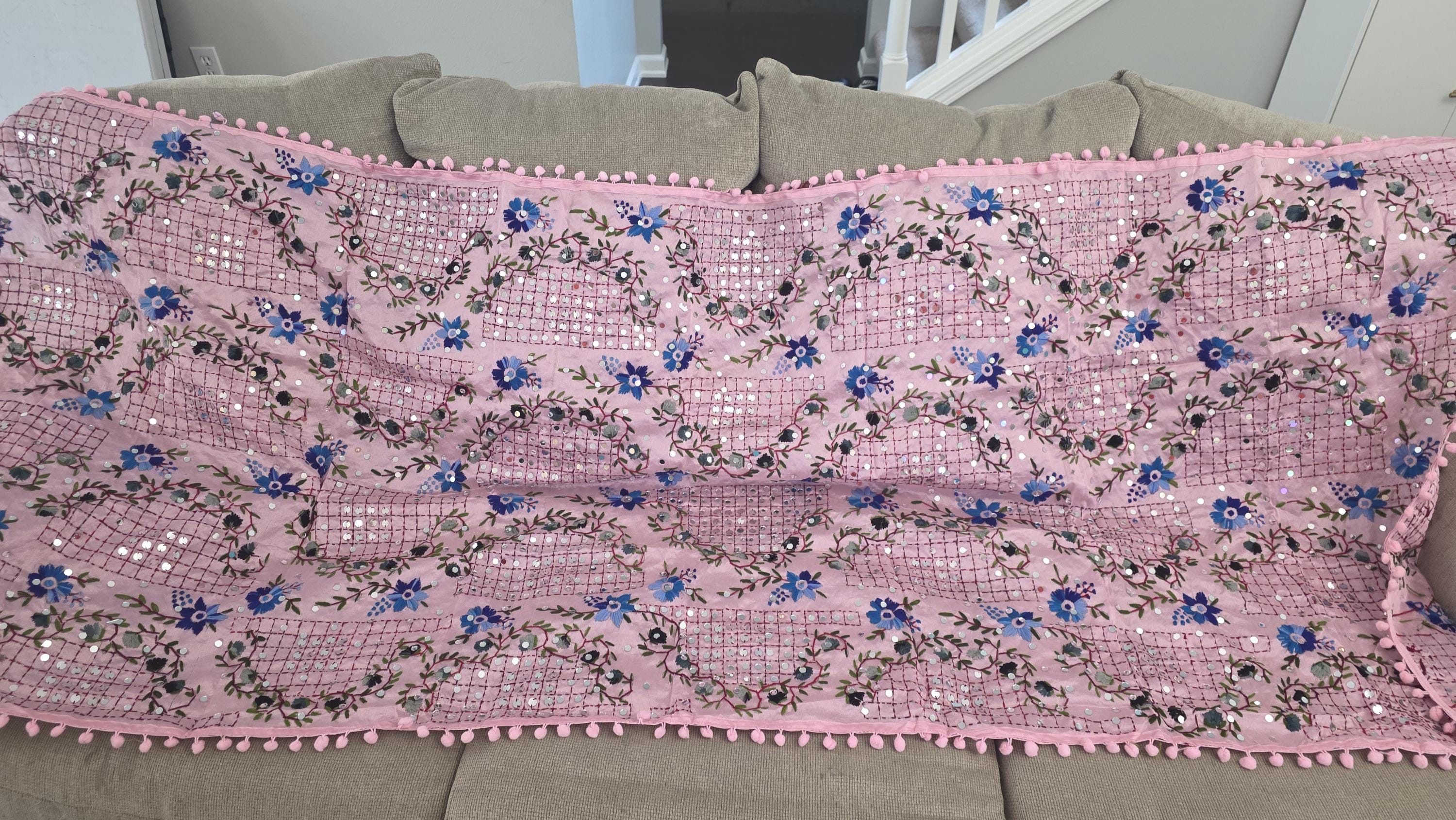 Pink Kantha Work Dupatta with Mirror Work | Indian Ethnic Festive Scarf