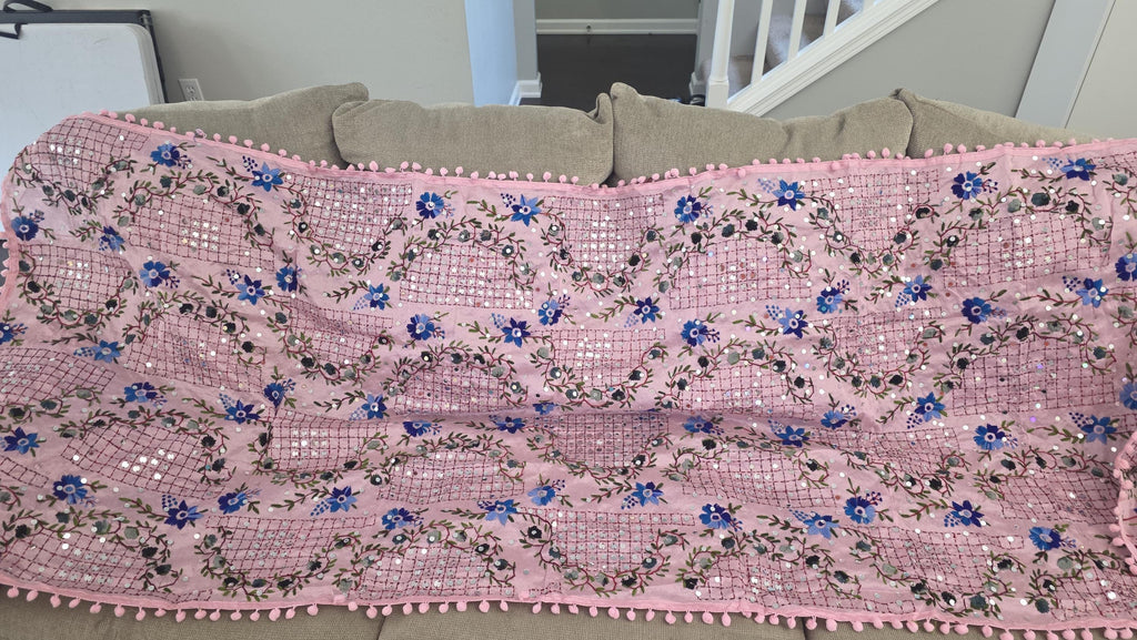 Pink Kantha Work Dupatta with Mirror Work | Indian Ethnic Festive Scarf