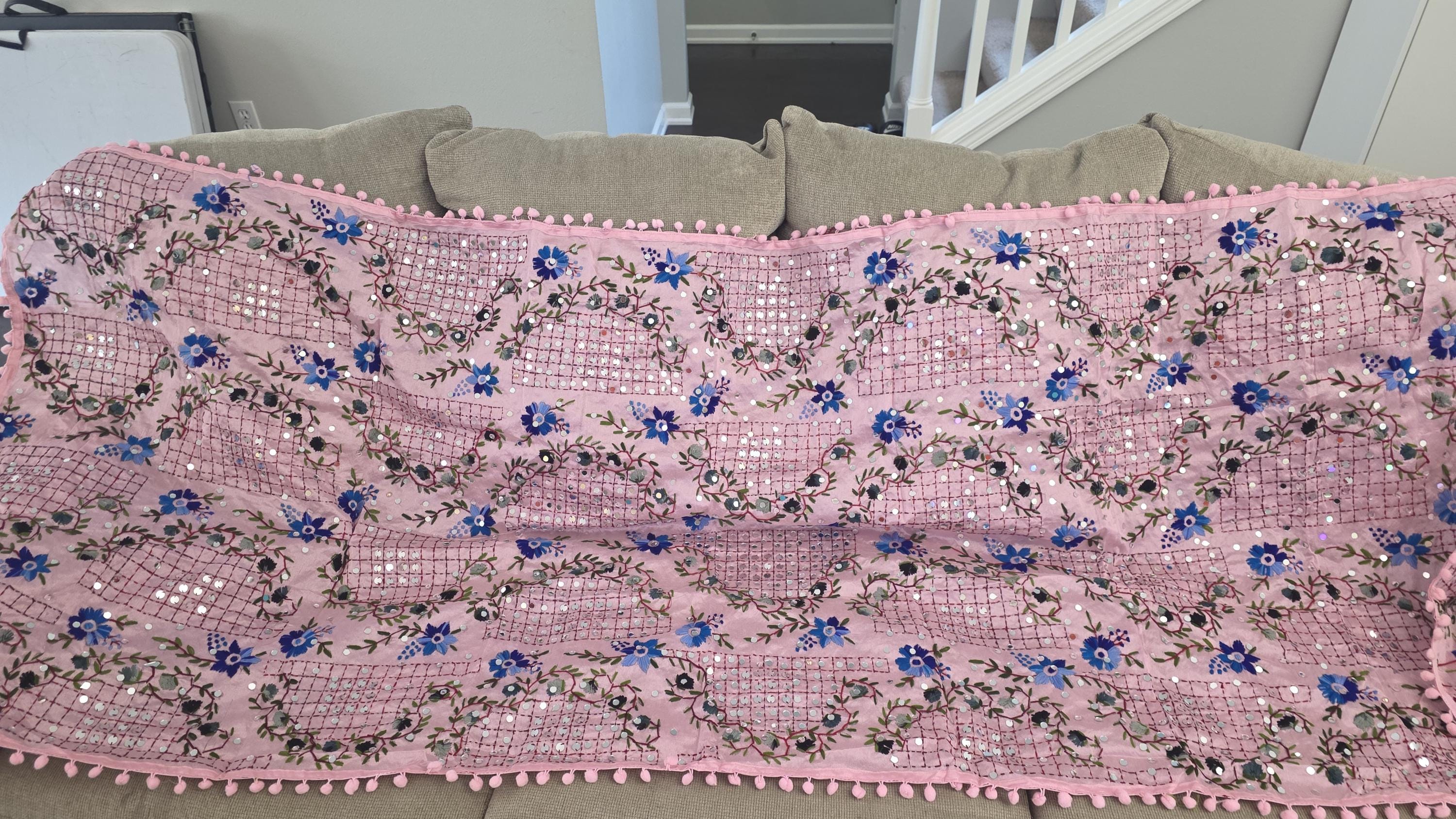 Pink Kantha Work Dupatta with Mirror Work | Indian Ethnic Festive Scarf